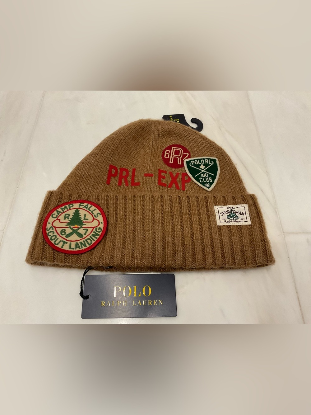 NWT Polo Ralph Lauren Tan SPORTSMAN PATCH Wool Blend Ribbed Knit Beanie Cap Hat